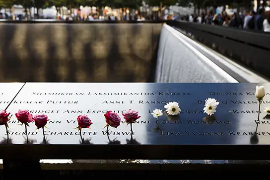 Flowers placed at the 9/11 Memorial during the 2017 anniversary ceremony